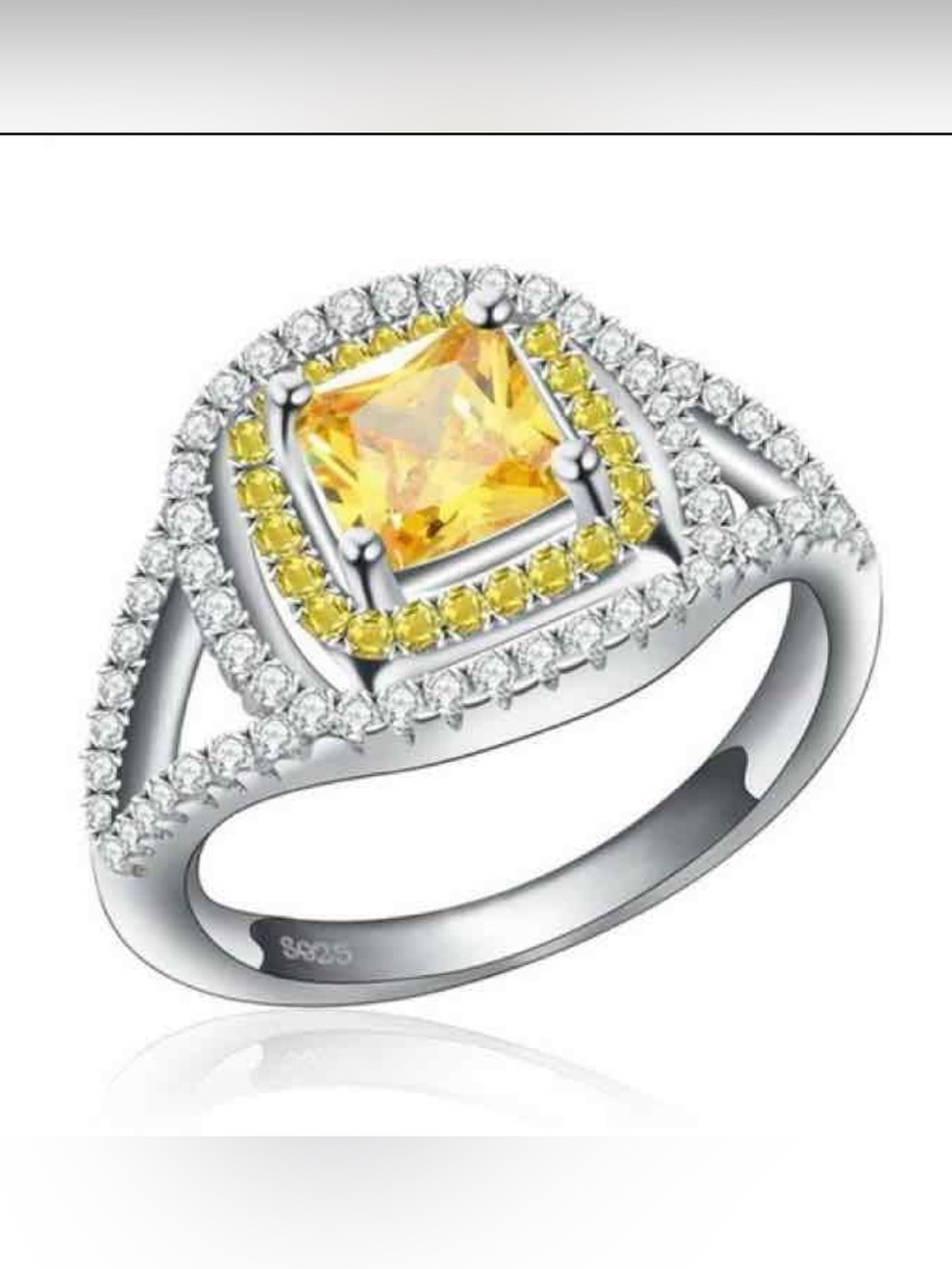 Yellow CZ Halo Sterling Silver Ring